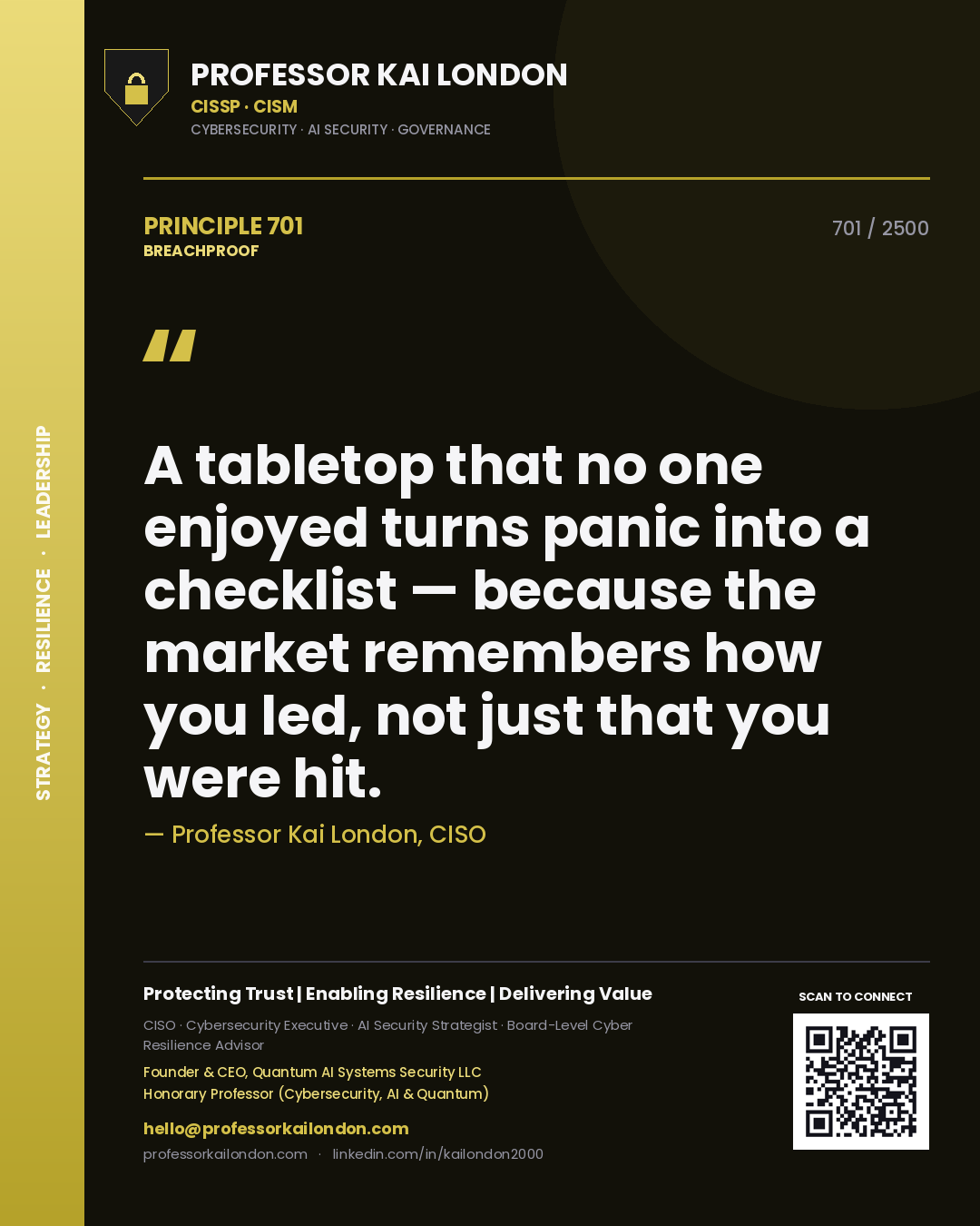 Quote card by Professor Kai London reading 'A tabletop that no one enjoyed turns panic into a checklist — because the market remembers how you led, not just that you were hit.'. From the book Breachproof.