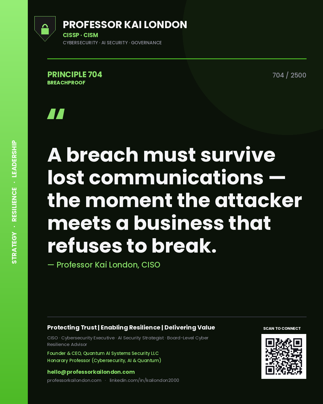 Quote card by Professor Kai London reading 'A breach must survive lost communications — the moment the attacker meets a business that refuses to break.'. From the book Breachproof.