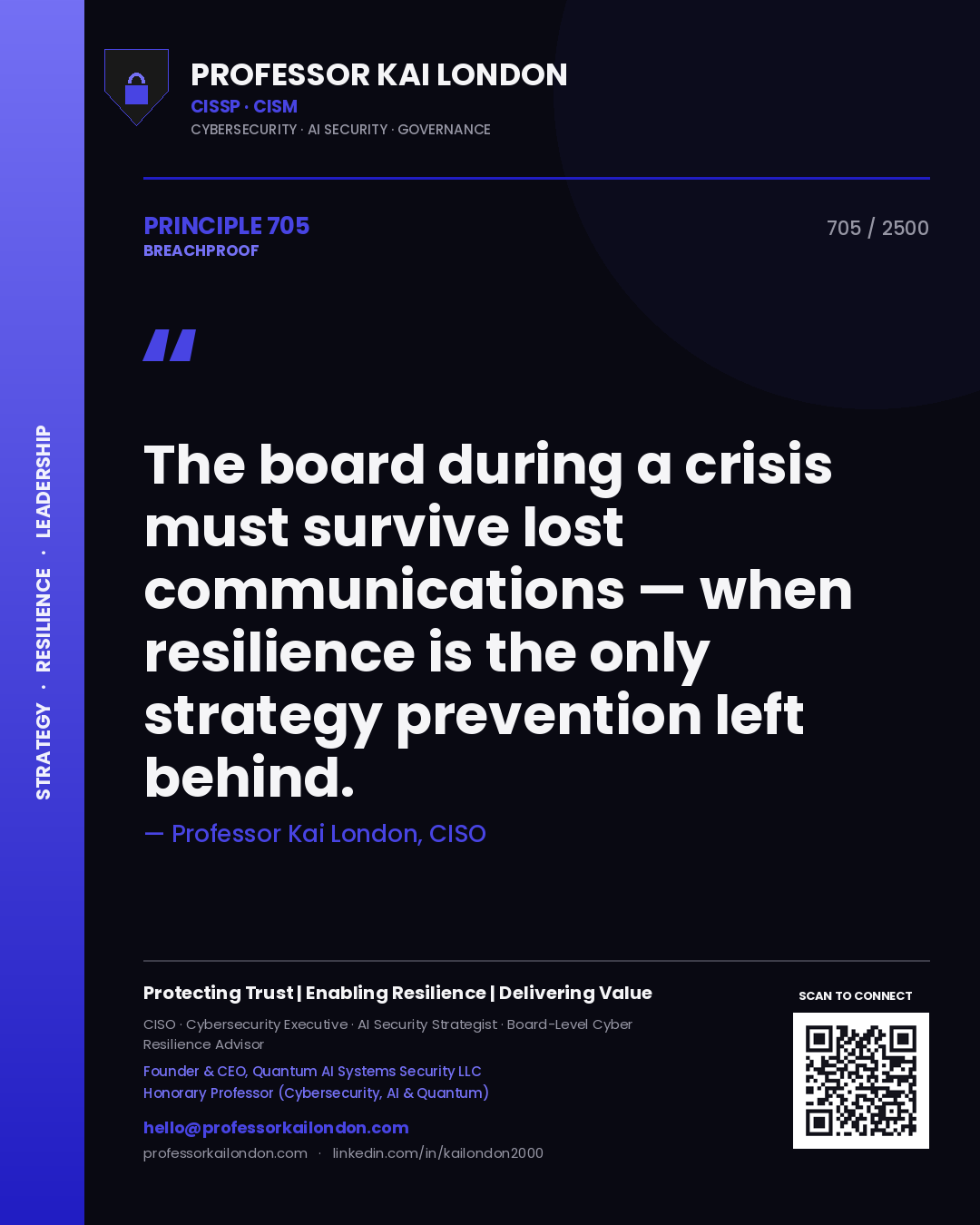 Quote card by Professor Kai London reading 'The board during a crisis must survive lost communications — when resilience is the only strategy prevention left behind.'. From the book Breachproof.