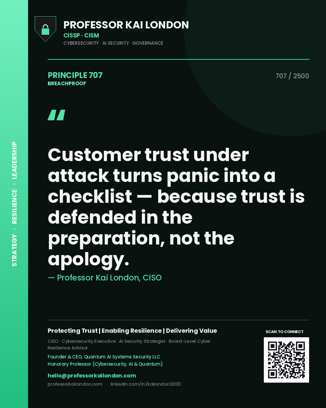 Quote card by Professor Kai London reading 'Customer trust under attack turns panic into a checklist — because trust is defended in the preparation, not the apology.'. From the book Breachproof.