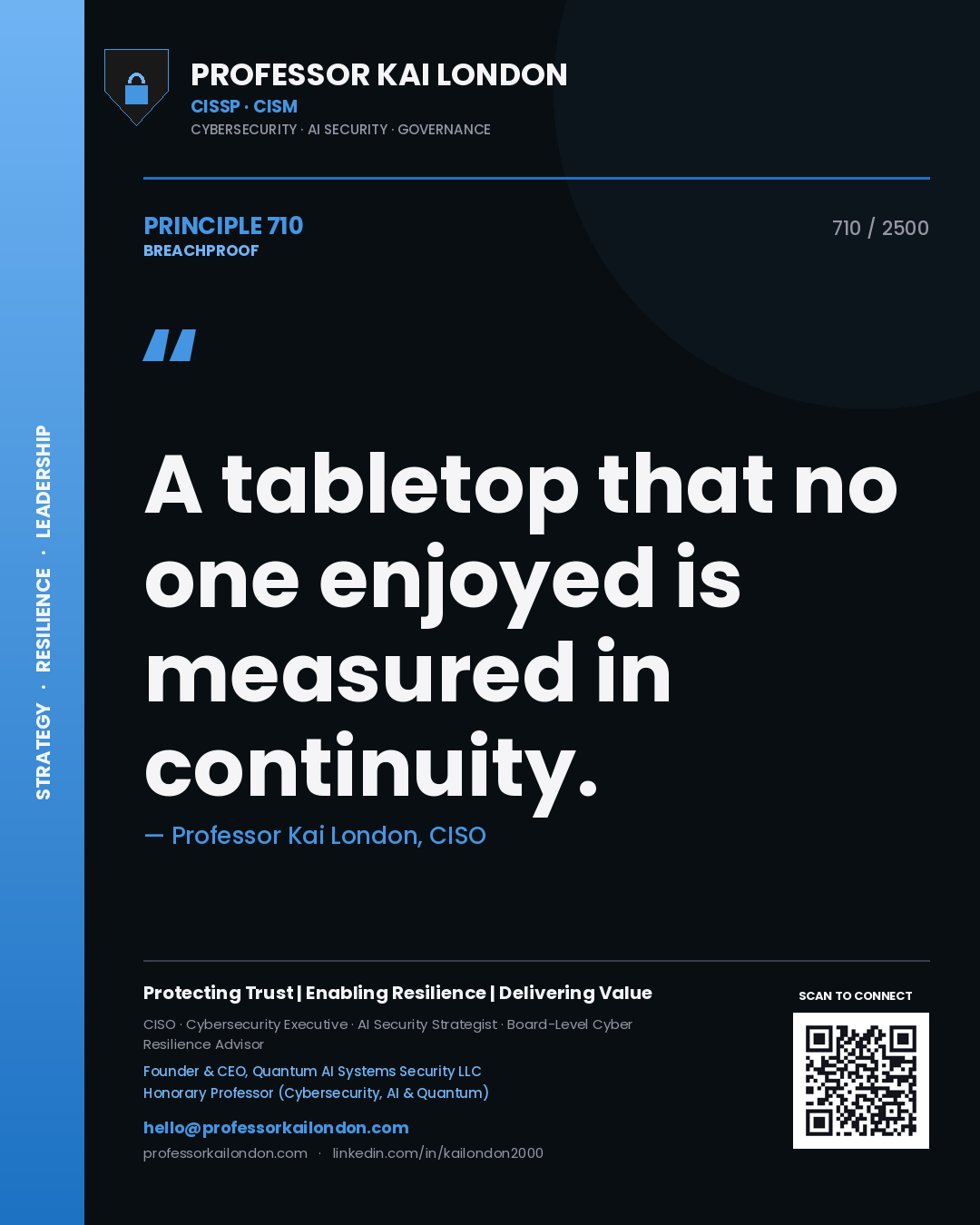 Quote card by Professor Kai London reading 'A tabletop that no one enjoyed is measured in continuity.'. From the book Breachproof.