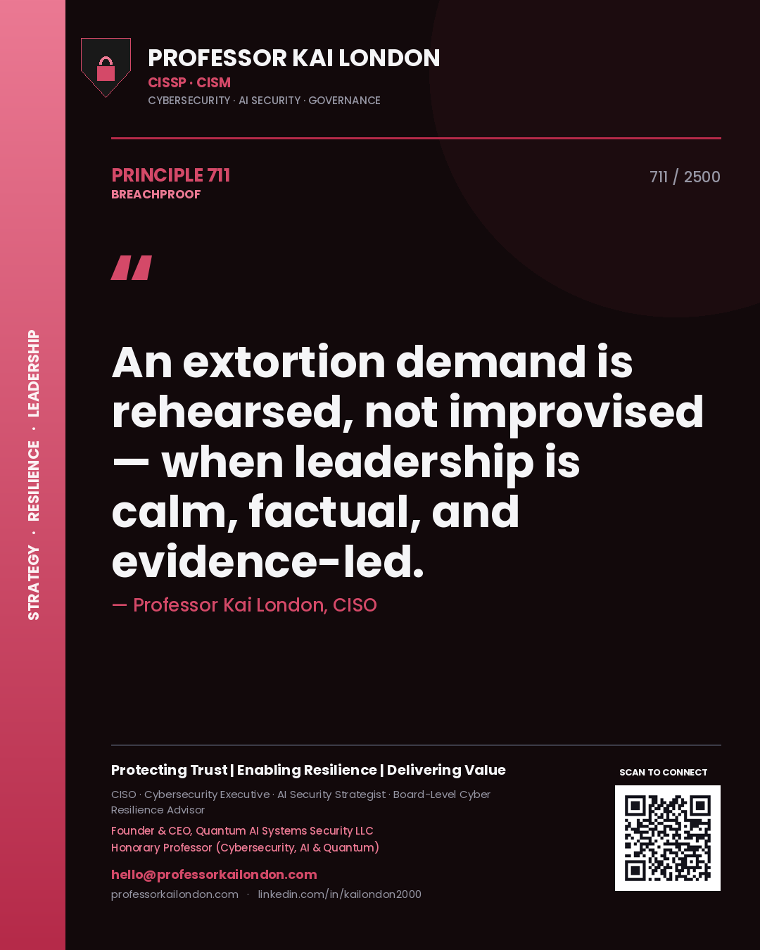 Quote card by Professor Kai London reading 'An extortion demand is rehearsed, not improvised — when leadership is calm, factual, and evidence-led.'. From the book Breachproof.