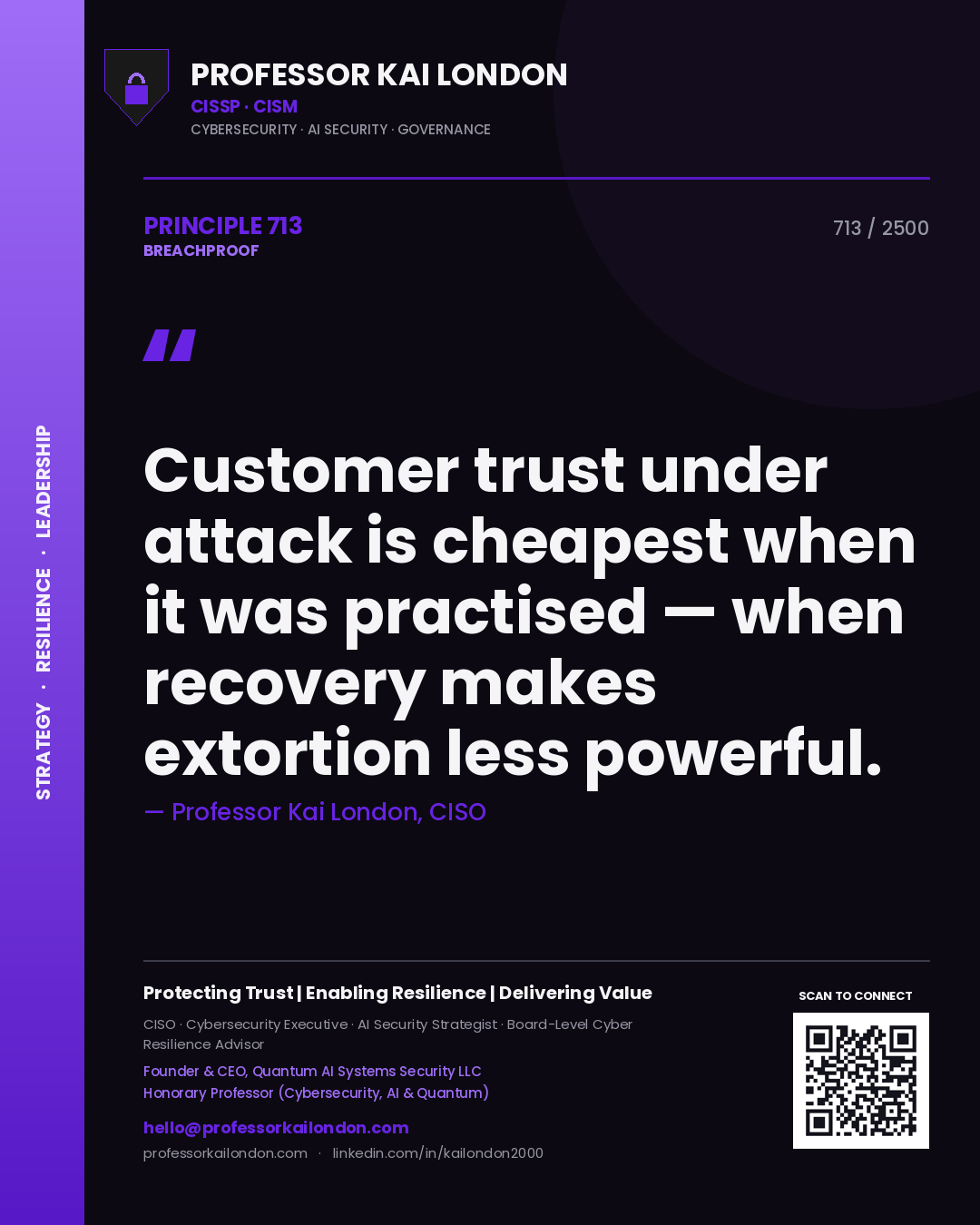 Quote card by Professor Kai London reading 'Customer trust under attack is cheapest when it was practised — when recovery makes extortion less powerful.'. From the book Breachproof.