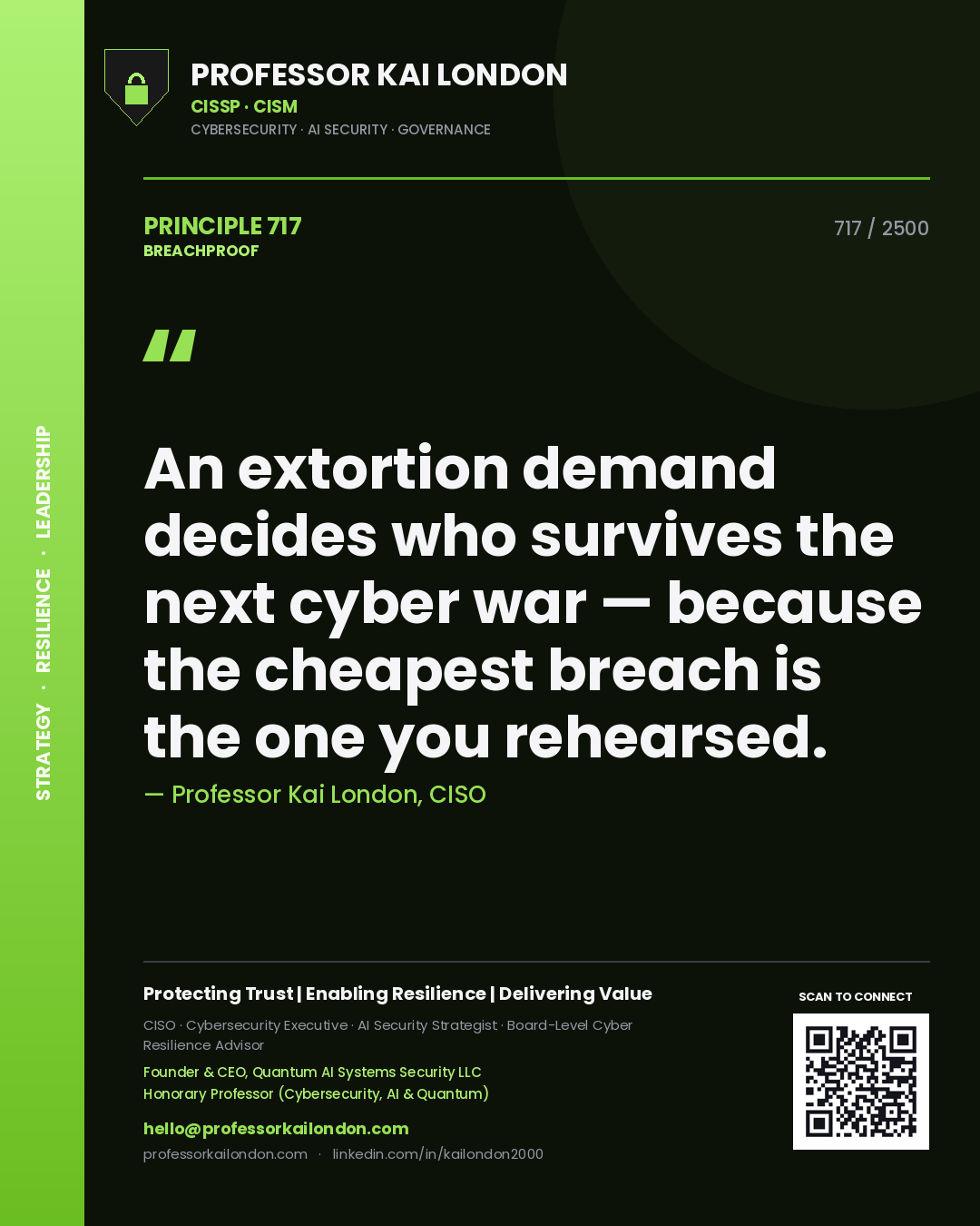 Quote card by Professor Kai London reading 'An extortion demand decides who survives the next cyber war — because the cheapest breach is the one you rehearsed.'. From the book Breachproof.