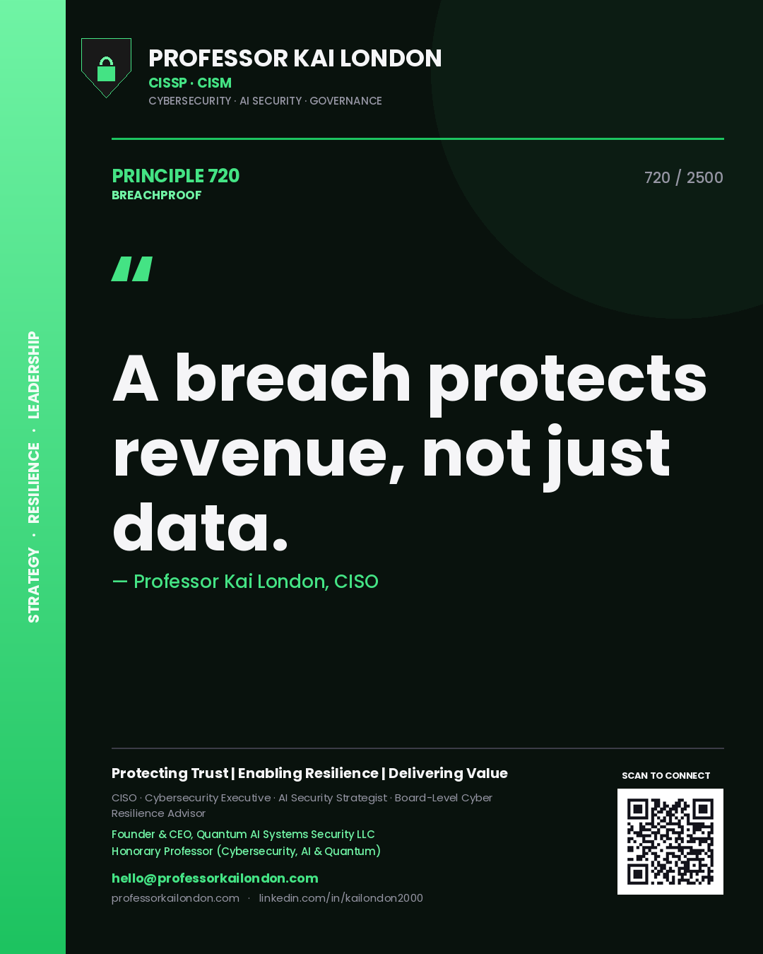 Quote card by Professor Kai London reading 'A breach protects revenue, not just data.'. From the book Breachproof.