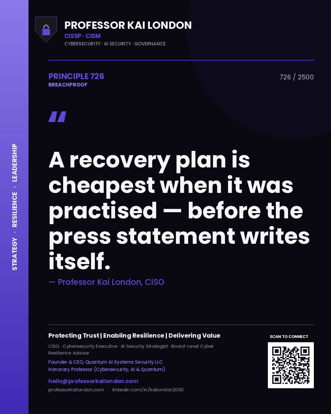 Quote card by Professor Kai London reading 'A recovery plan is cheapest when it was practised — before the press statement writes itself.'. From the book Breachproof.