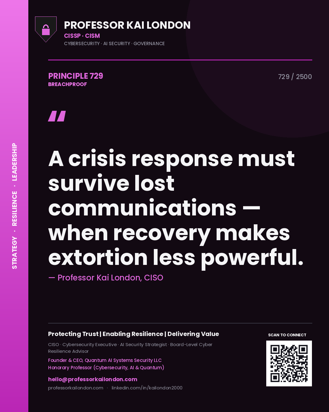 Quote card by Professor Kai London reading 'A crisis response must survive lost communications — when recovery makes extortion less powerful.'. From the book Breachproof.