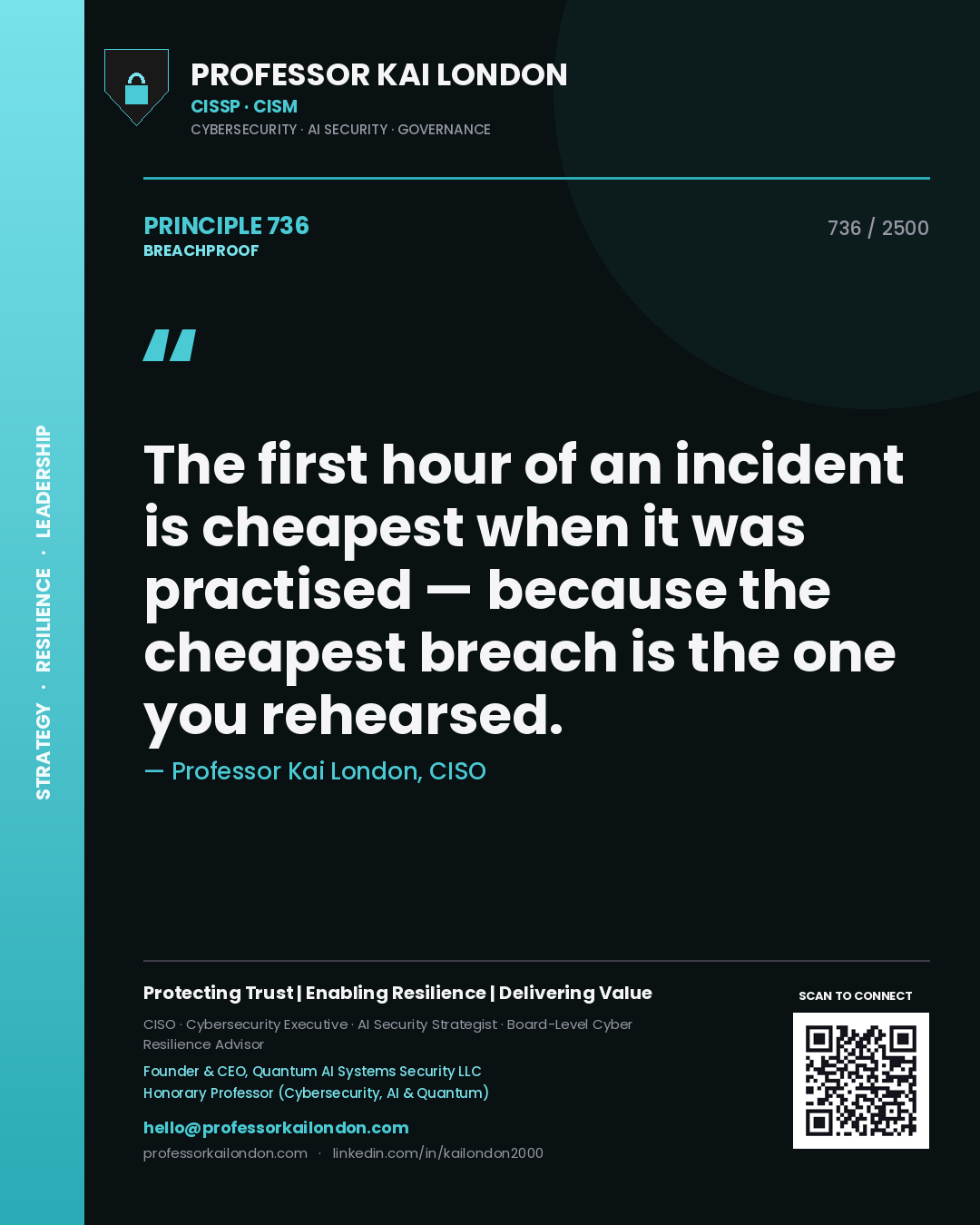 Professor Kai London principle 736: The first hour of an incident is cheapest when it was practised — because the cheapest breach is the one you rehearsed.