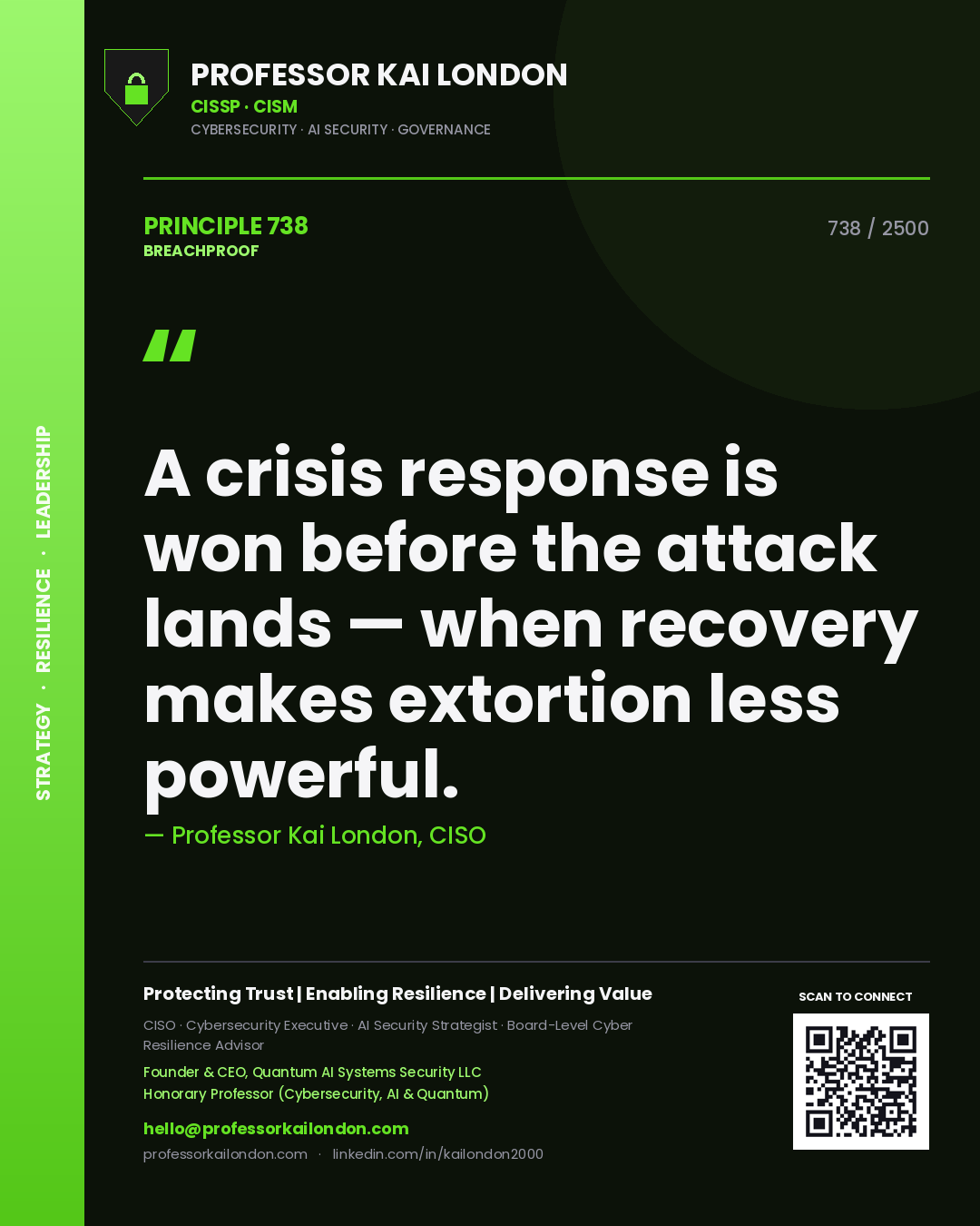 Quote card by Professor Kai London reading 'A crisis response is won before the attack lands — when recovery makes extortion less powerful.'. From the book Breachproof.