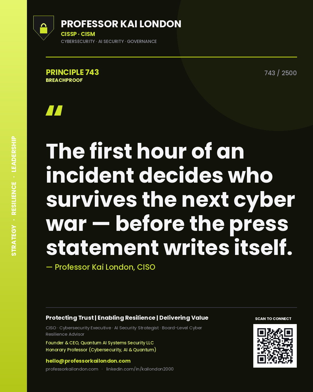 Quote card by Professor Kai London reading 'The first hour of an incident decides who survives the next cyber war — before the press statement writes itself.'. From the book Breachproof.