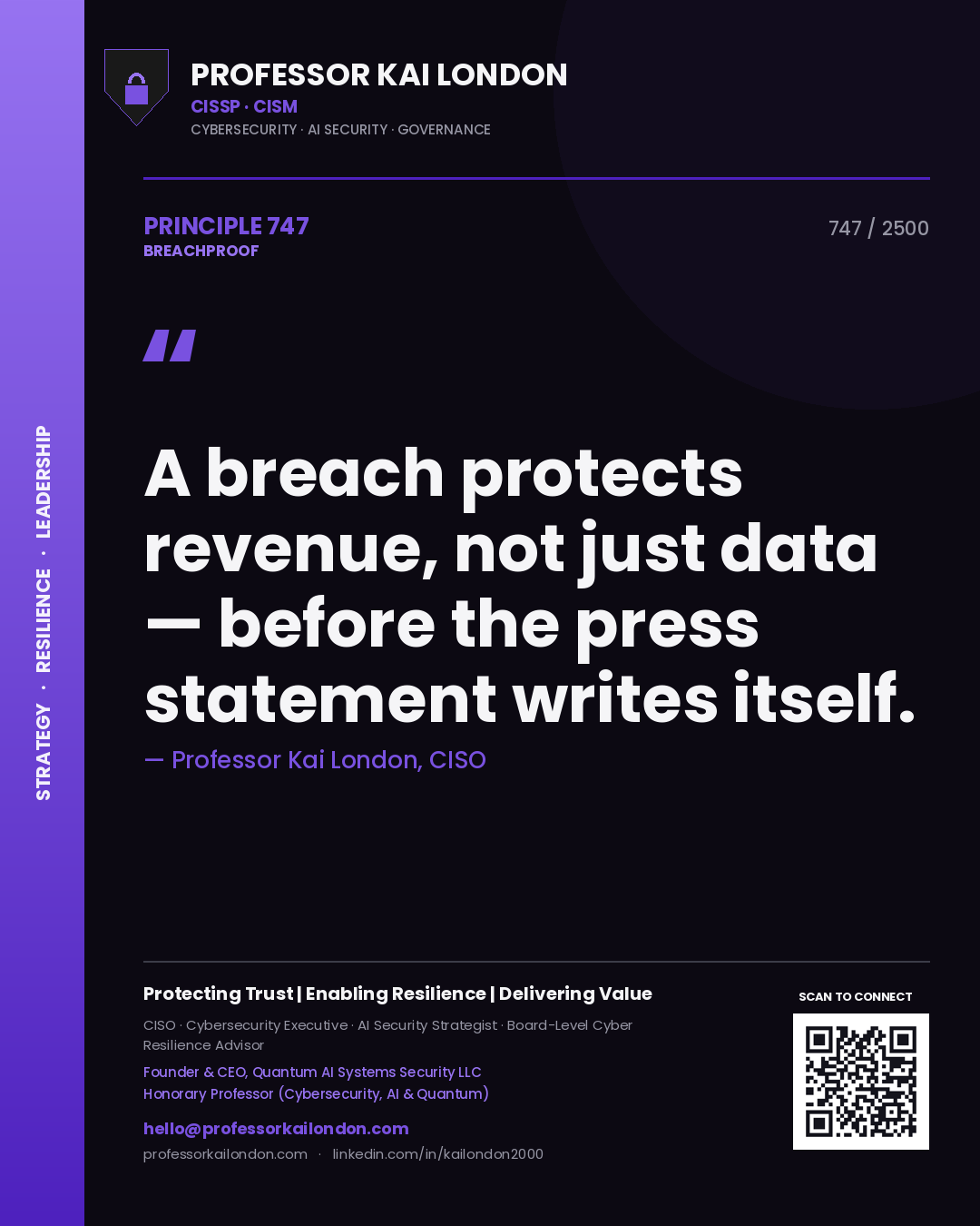 Quote card by Professor Kai London reading 'A breach protects revenue, not just data — before the press statement writes itself.'. From the book Breachproof.