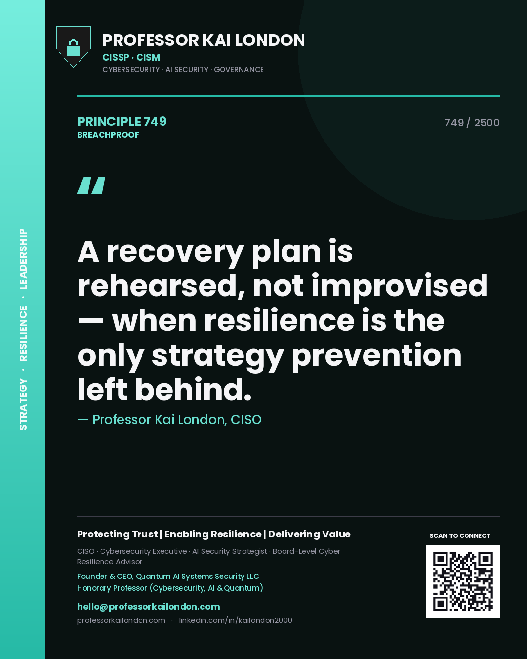Quote card by Professor Kai London reading 'A recovery plan is rehearsed, not improvised — when resilience is the only strategy prevention left behind.'. From the book Breachproof.