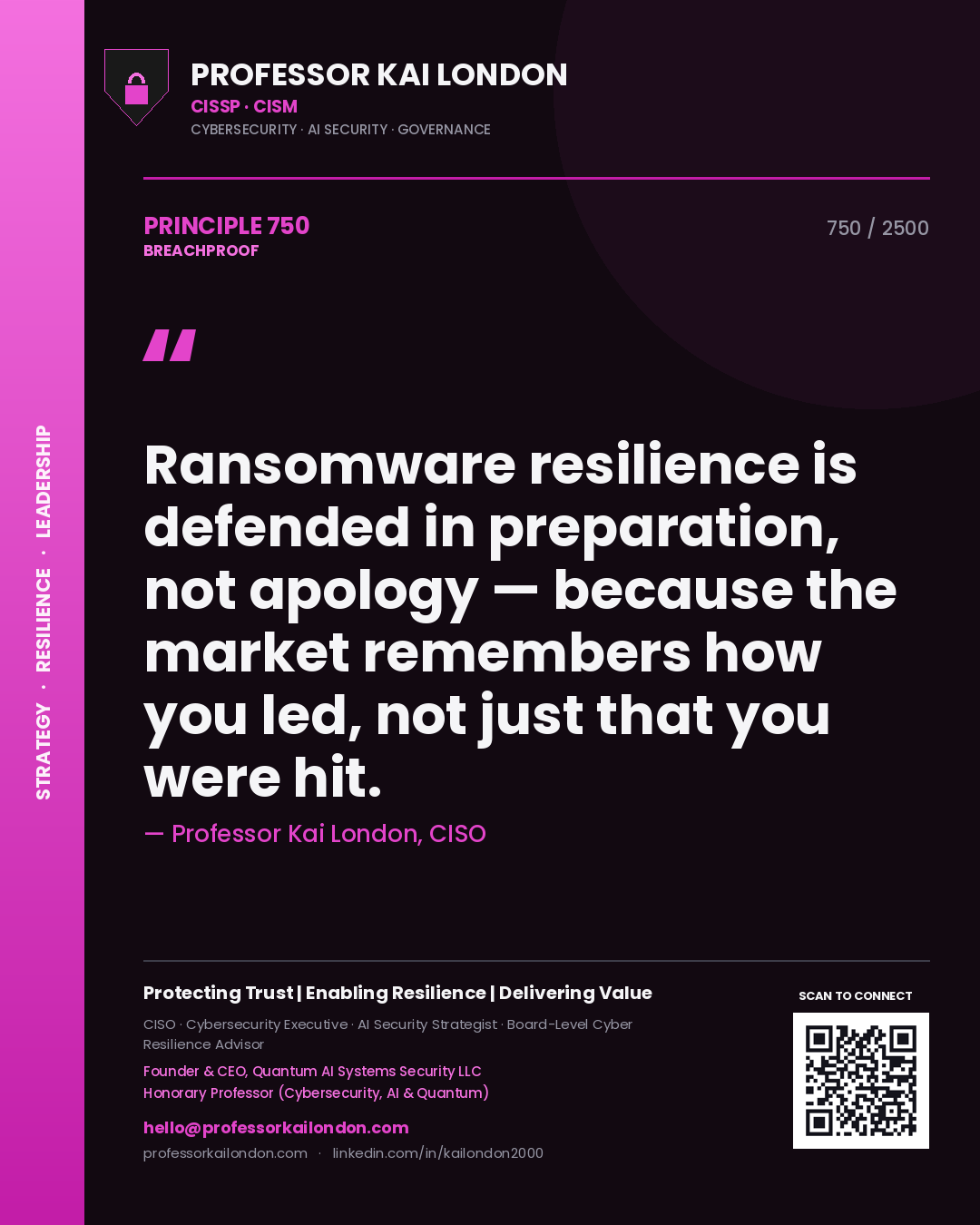 Quote card by Professor Kai London reading 'Ransomware resilience is defended in preparation, not apology — because the market remembers how you led, not just that you were hit.'. From the book Breachproof.