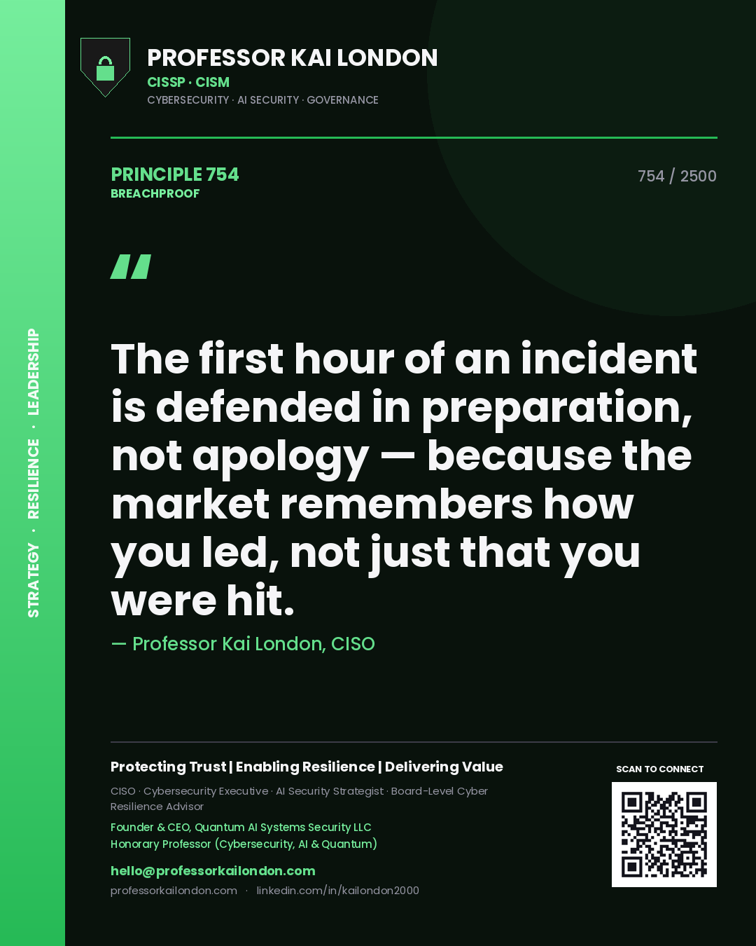 Professor Kai London principle 754: The first hour of an incident is defended in preparation, not apology — because the market remembers how you led, not just that you were hit.