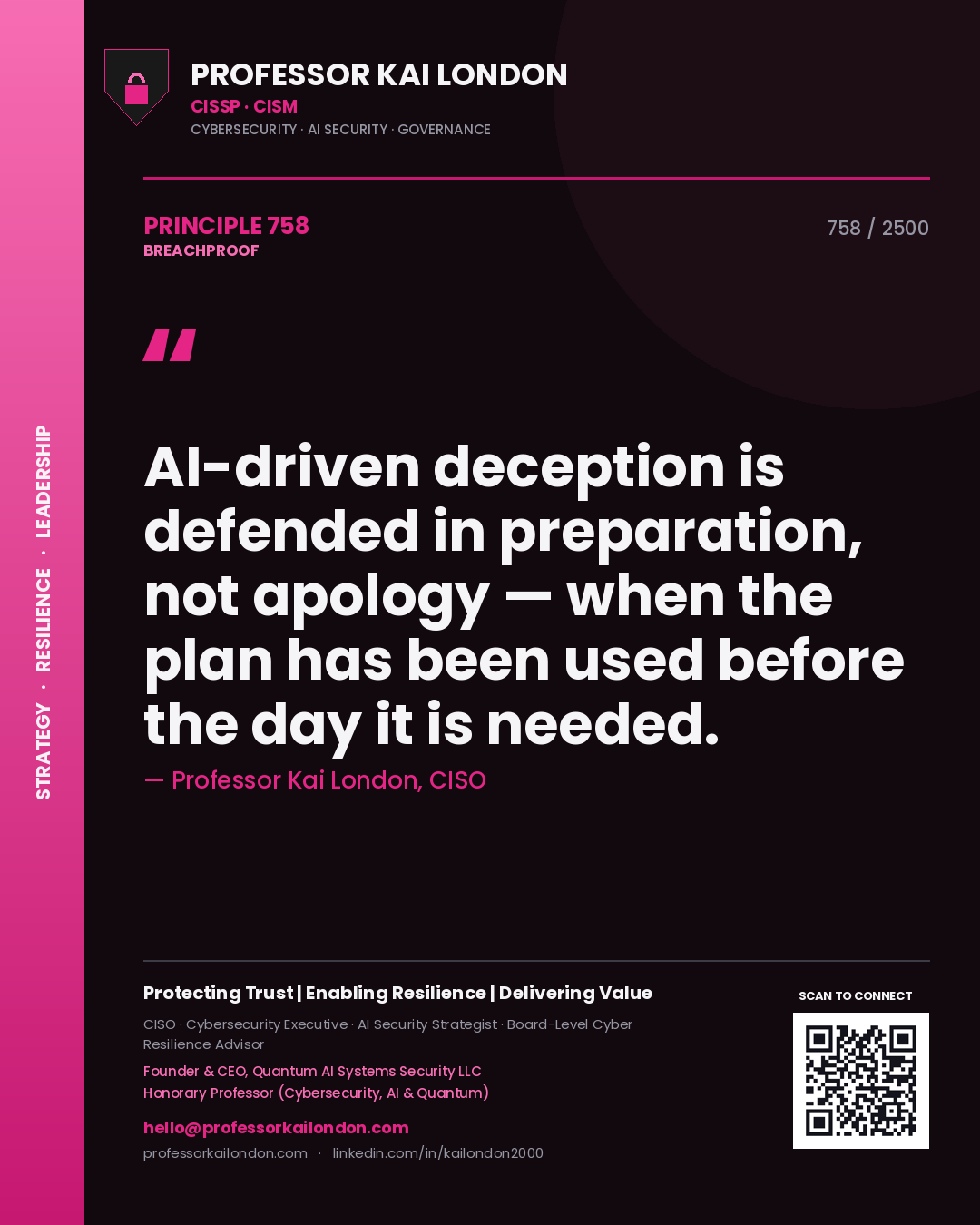 Quote card by Professor Kai London reading 'AI-driven deception is defended in preparation, not apology — when the plan has been used before the day it is needed.'. From the book Breachproof.