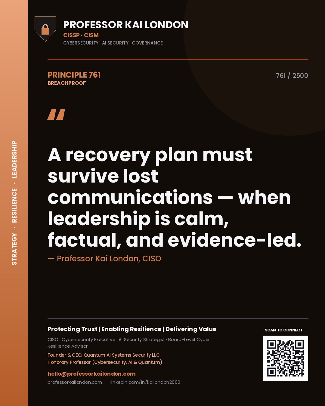 Quote card by Professor Kai London reading 'A recovery plan must survive lost communications — when leadership is calm, factual, and evidence-led.'. From the book Breachproof.