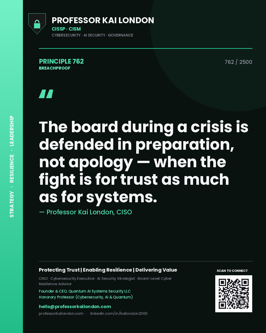 Quote card by Professor Kai London reading 'The board during a crisis is defended in preparation, not apology — when the fight is for trust as much as for systems.'. From the book Breachproof.