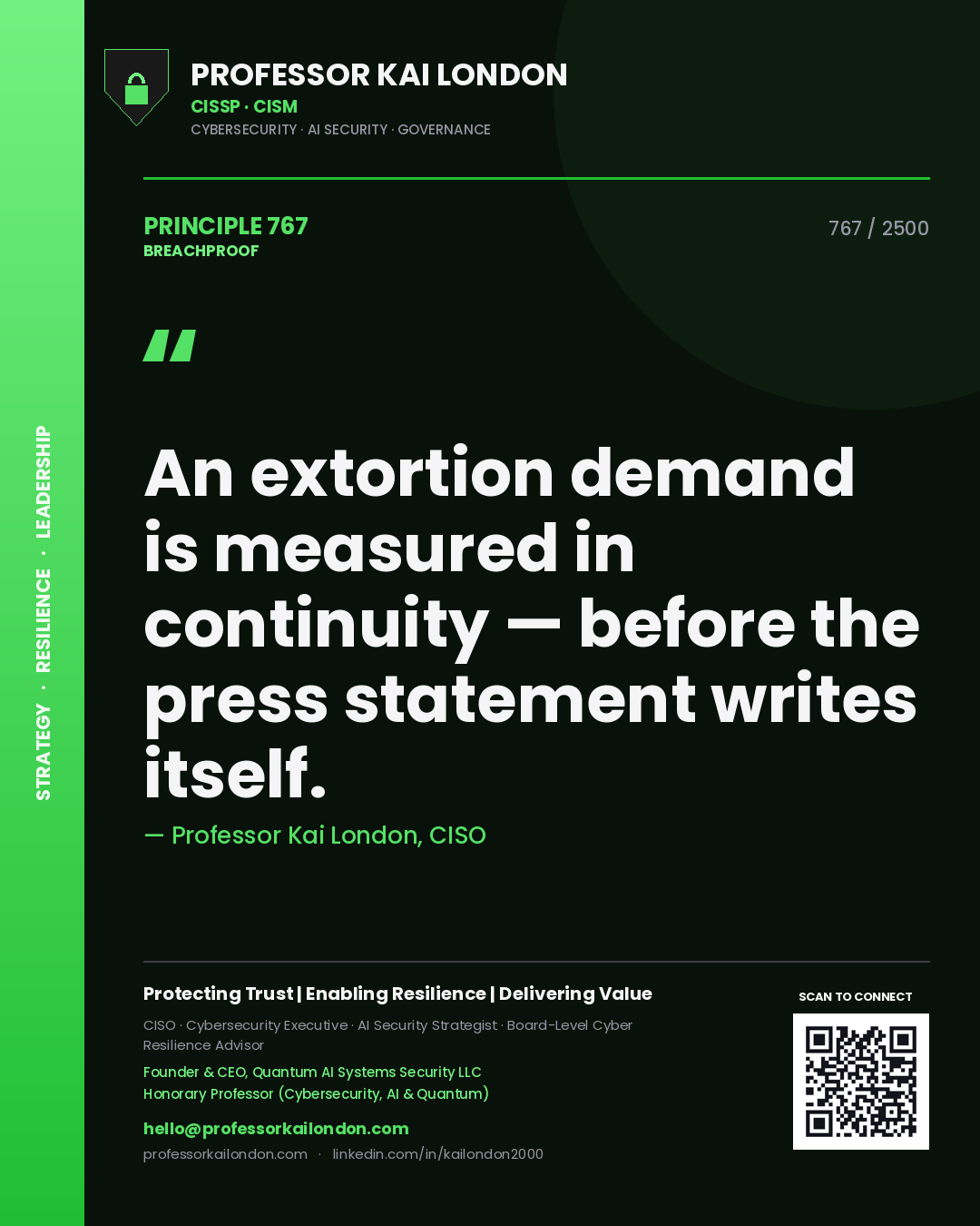 Quote card by Professor Kai London reading 'An extortion demand is measured in continuity — before the press statement writes itself.'. From the book Breachproof.