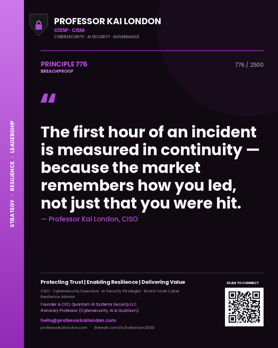 Quote card by Professor Kai London reading 'The first hour of an incident is measured in continuity — because the market remembers how you led, not just that you were hit.'. From the book Breachproof.
