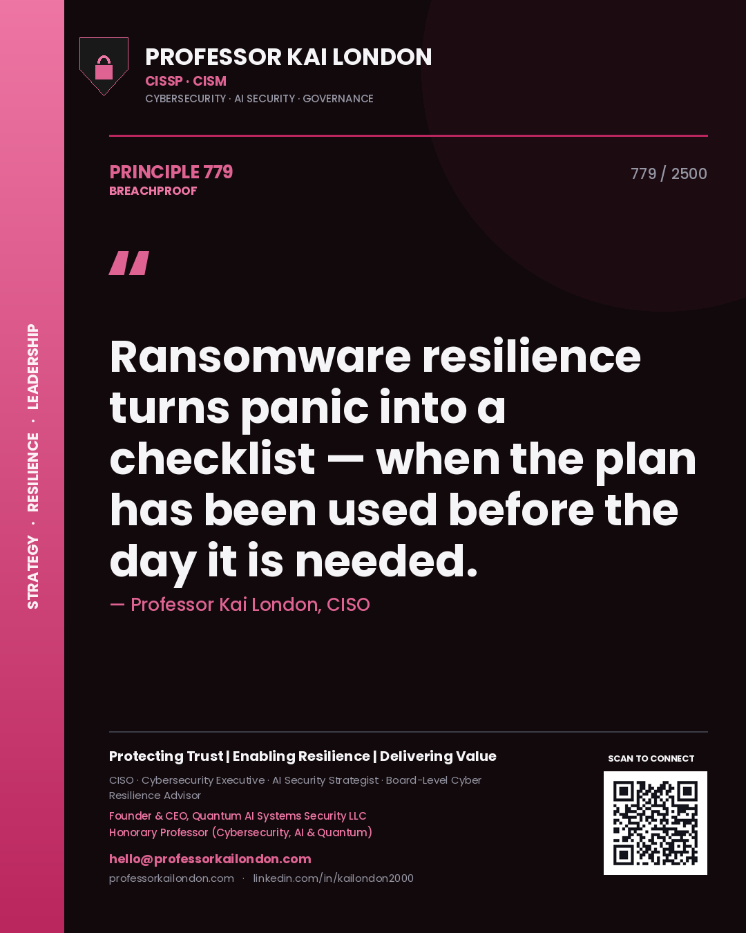 Professor Kai London principle 779: Ransomware resilience turns panic into a checklist — when the plan has been used before the day it is needed.