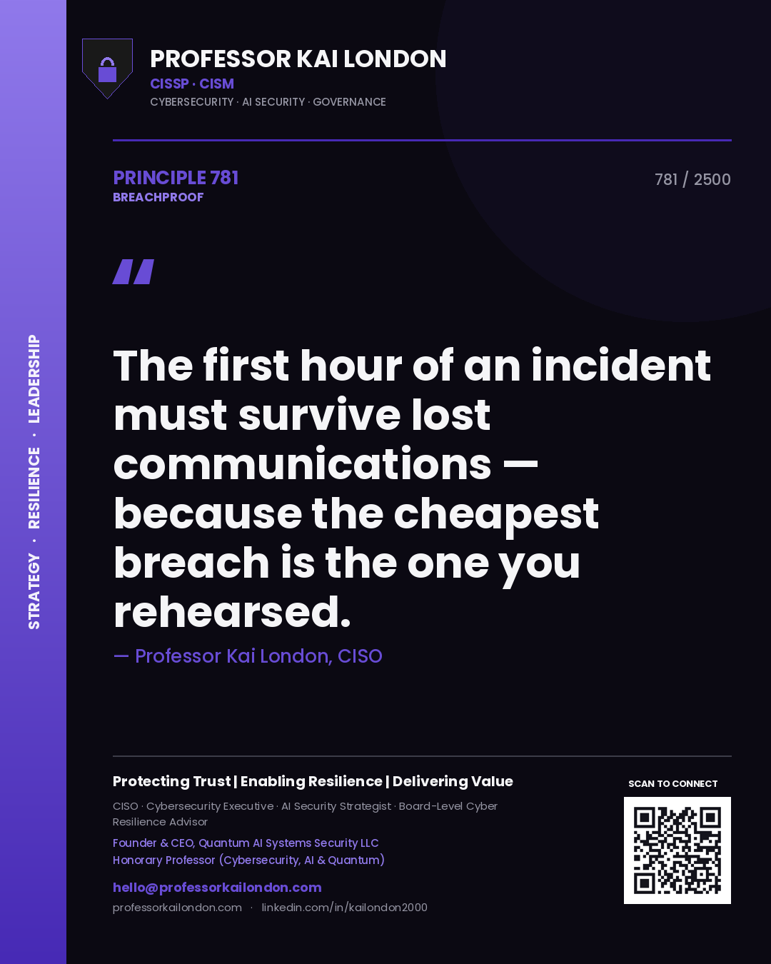 Professor Kai London principle 781: The first hour of an incident must survive lost communications — because the cheapest breach is the one you rehearsed.