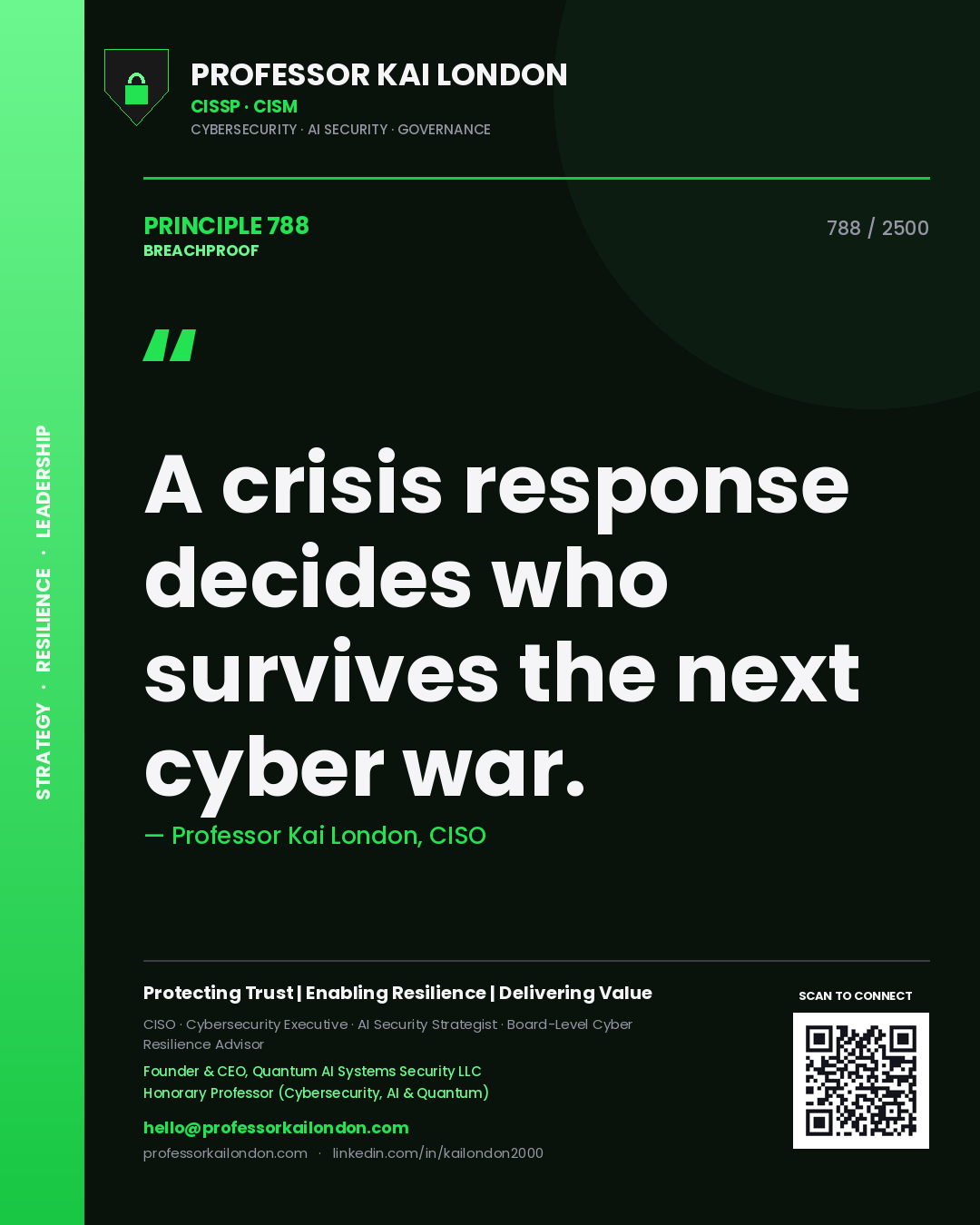 Quote card by Professor Kai London reading 'A crisis response decides who survives the next cyber war.'. From the book Breachproof.
