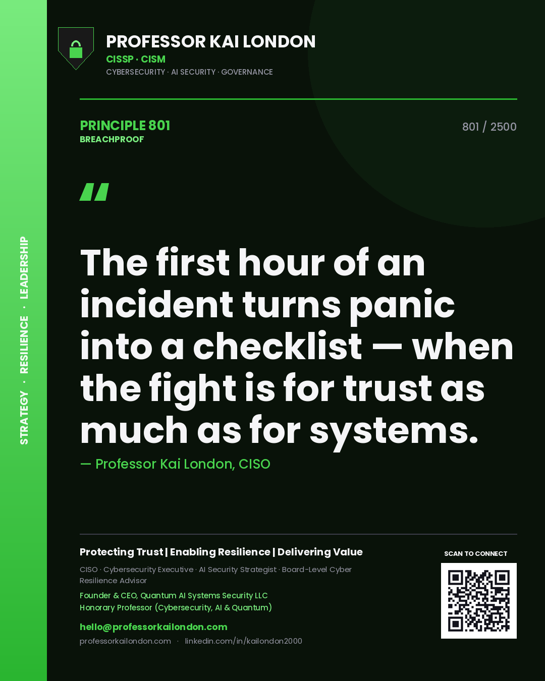 Professor Kai London principle 801: The first hour of an incident turns panic into a checklist — when the fight is for trust as much as for systems.