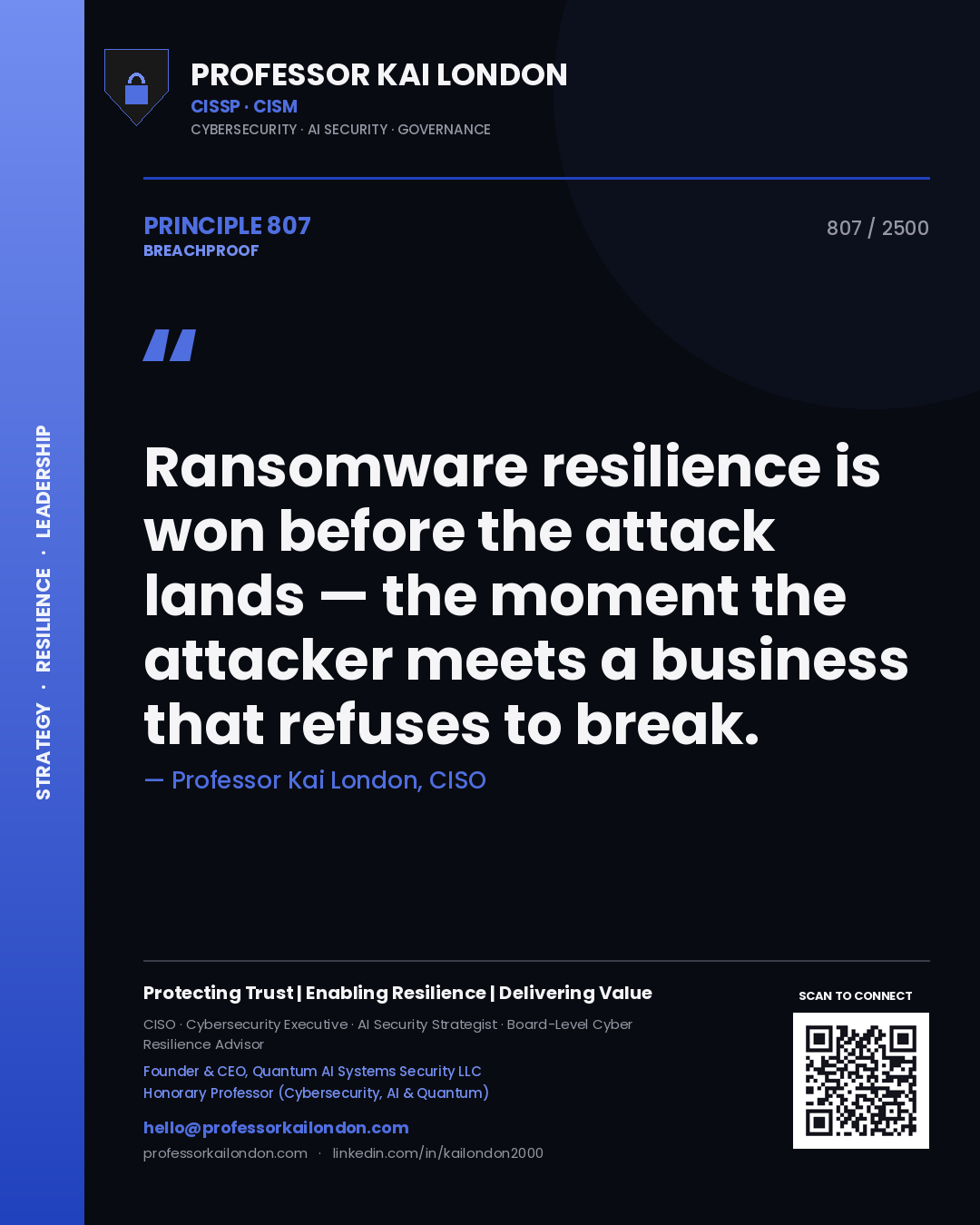 Quote card by Professor Kai London reading 'Ransomware resilience is won before the attack lands — the moment the attacker meets a business that refuses to break.'. From the book Breachproof.