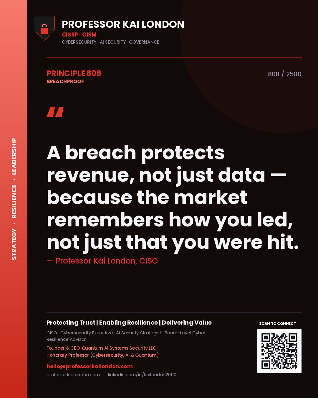 Quote card by Professor Kai London reading 'A breach protects revenue, not just data — because the market remembers how you led, not just that you were hit.'. From the book Breachproof.