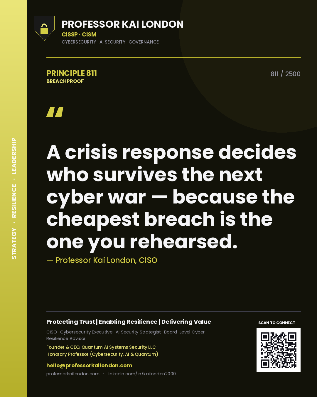 Professor Kai London principle 811: A crisis response decides who survives the next cyber war — because the cheapest breach is the one you rehearsed.