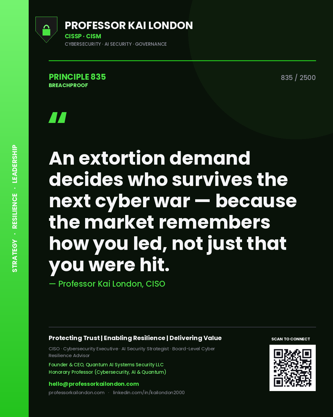Quote card by Professor Kai London reading 'An extortion demand decides who survives the next cyber war — because the market remembers how you led, not just that you were hit.'. From the book Breachproof.
