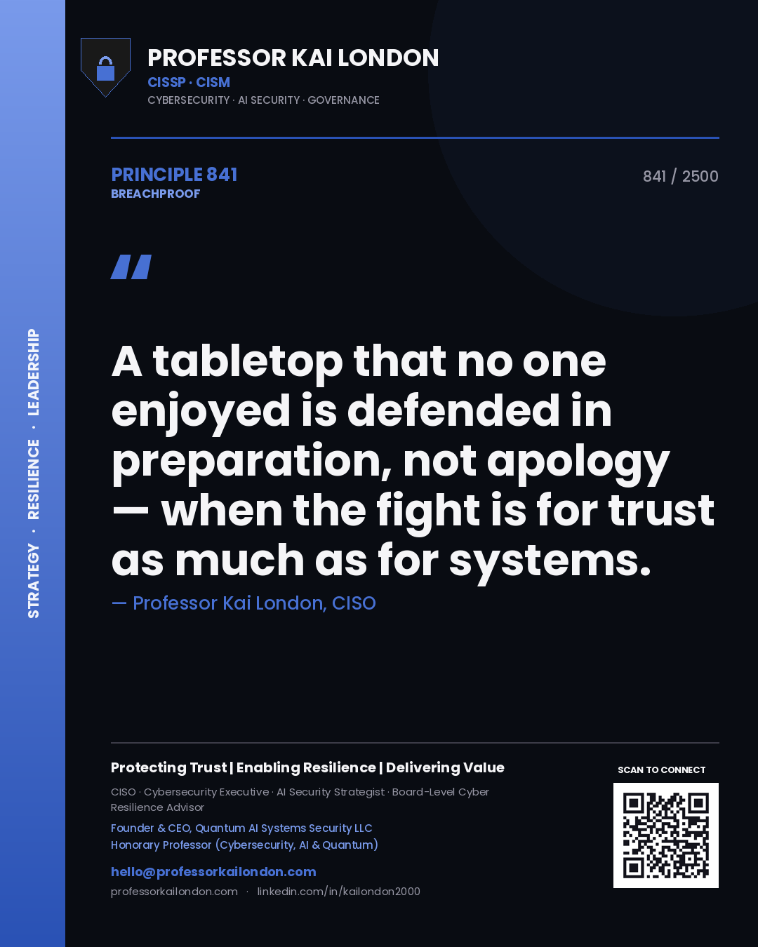Professor Kai London principle 841: A tabletop that no one enjoyed is defended in preparation, not apology — when the fight is for trust as much as for systems.