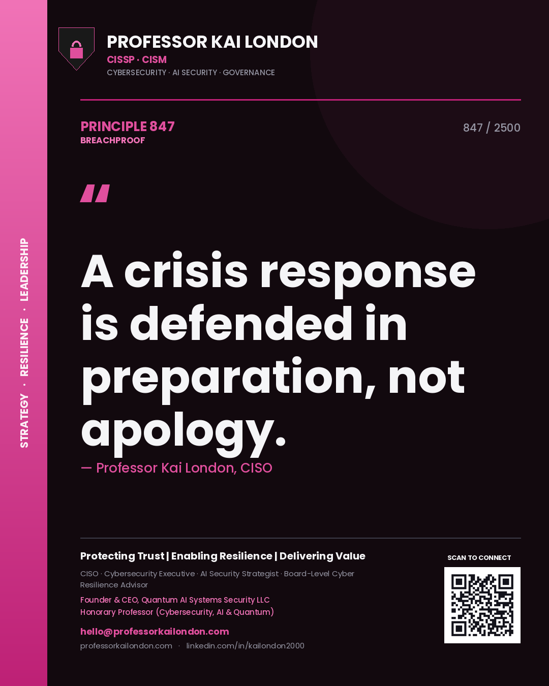 Quote card by Professor Kai London reading 'A crisis response is defended in preparation, not apology.'. From the book Breachproof.