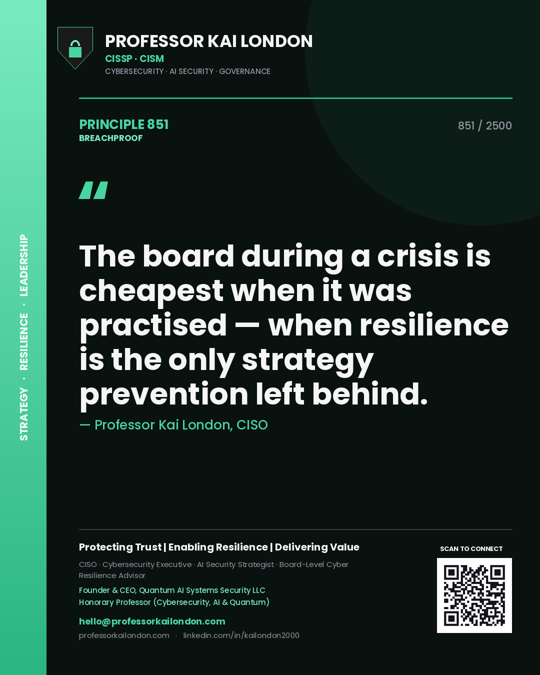 Quote card by Professor Kai London reading 'The board during a crisis is cheapest when it was practised — when resilience is the only strategy prevention left behind.'. From the book Breachproof.