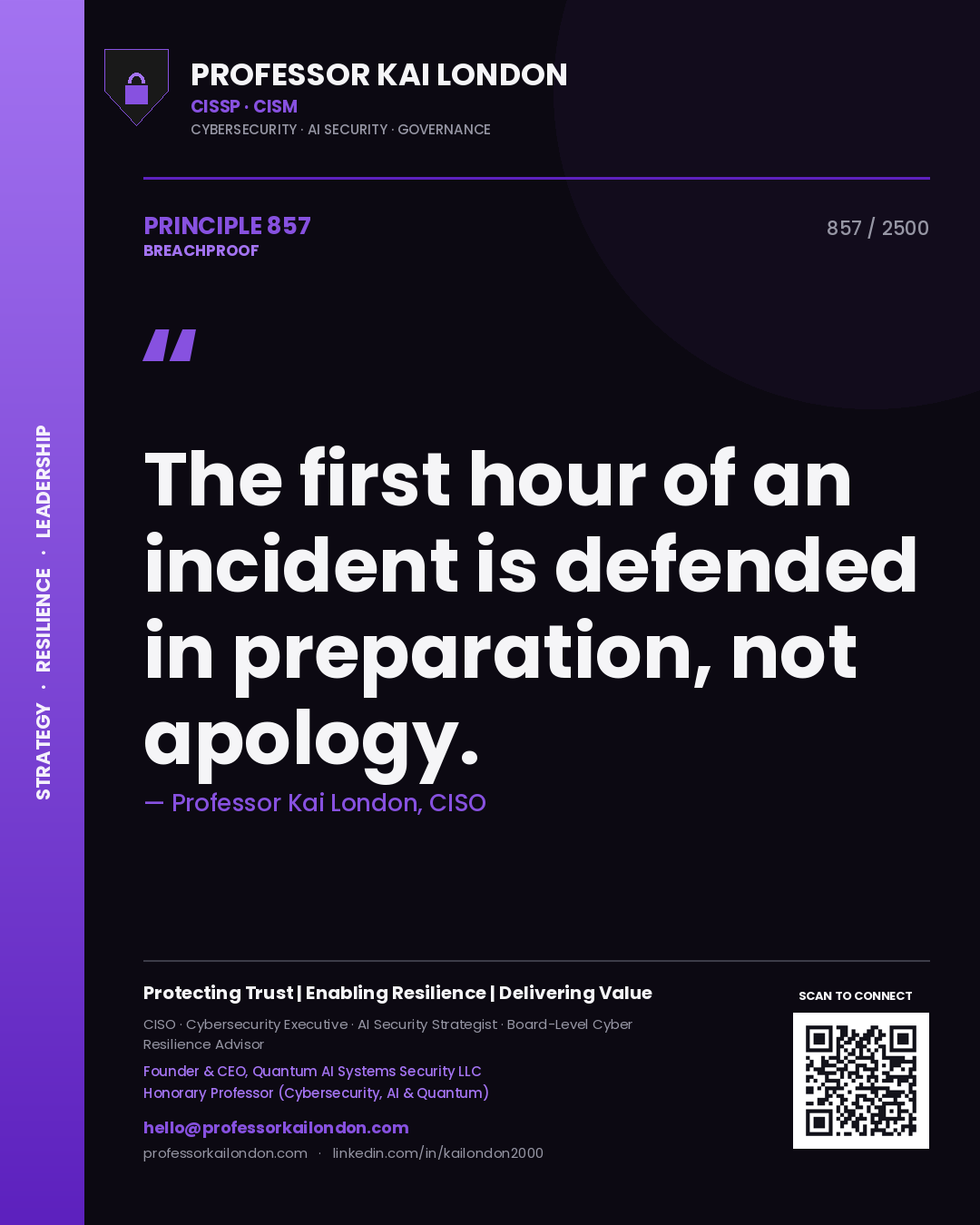 Quote card by Professor Kai London reading 'The first hour of an incident is defended in preparation, not apology.'. From the book Breachproof.