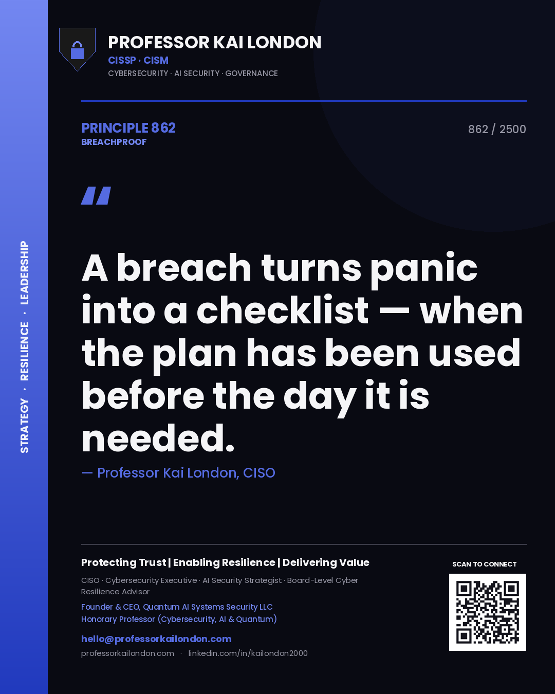 Quote card by Professor Kai London reading 'A breach turns panic into a checklist — when the plan has been used before the day it is needed.'. From the book Breachproof.