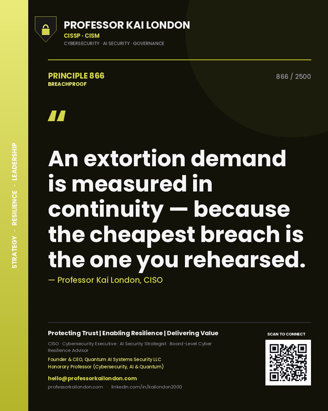 Quote card by Professor Kai London reading 'An extortion demand is measured in continuity — because the cheapest breach is the one you rehearsed.'. From the book Breachproof.