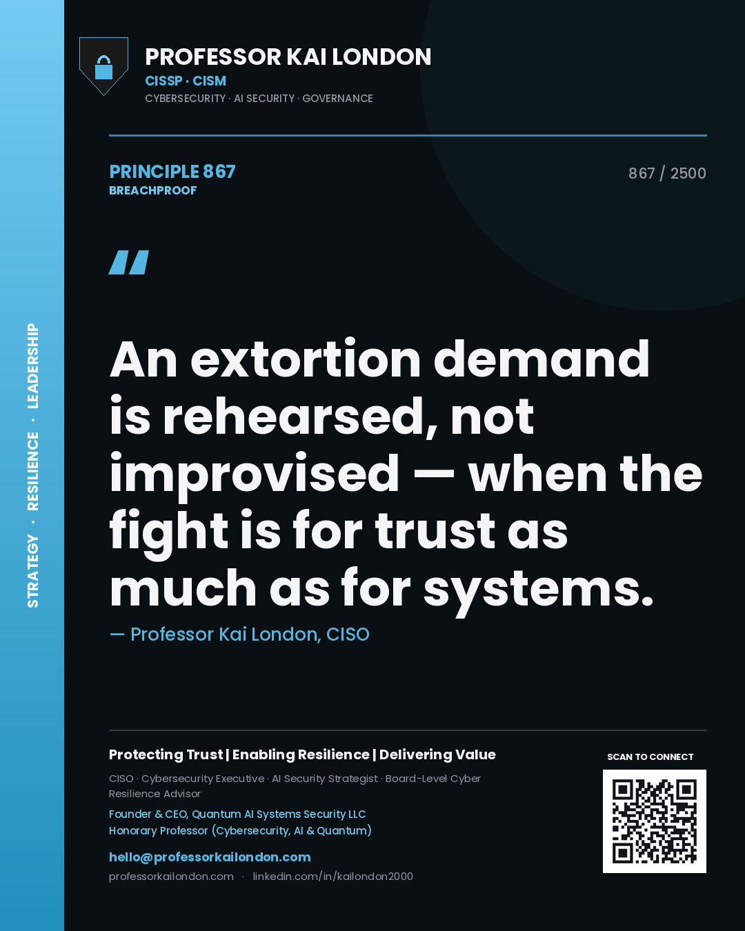 Quote card by Professor Kai London reading 'An extortion demand is rehearsed, not improvised — when the fight is for trust as much as for systems.'. From the book Breachproof.