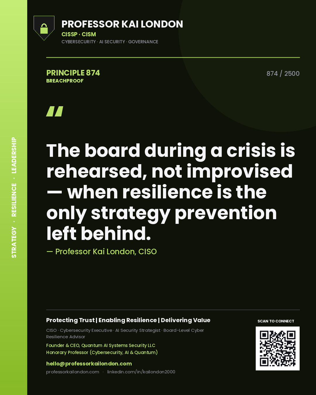 Quote card by Professor Kai London reading 'The board during a crisis is rehearsed, not improvised — when resilience is the only strategy prevention left behind.'. From the book Breachproof.