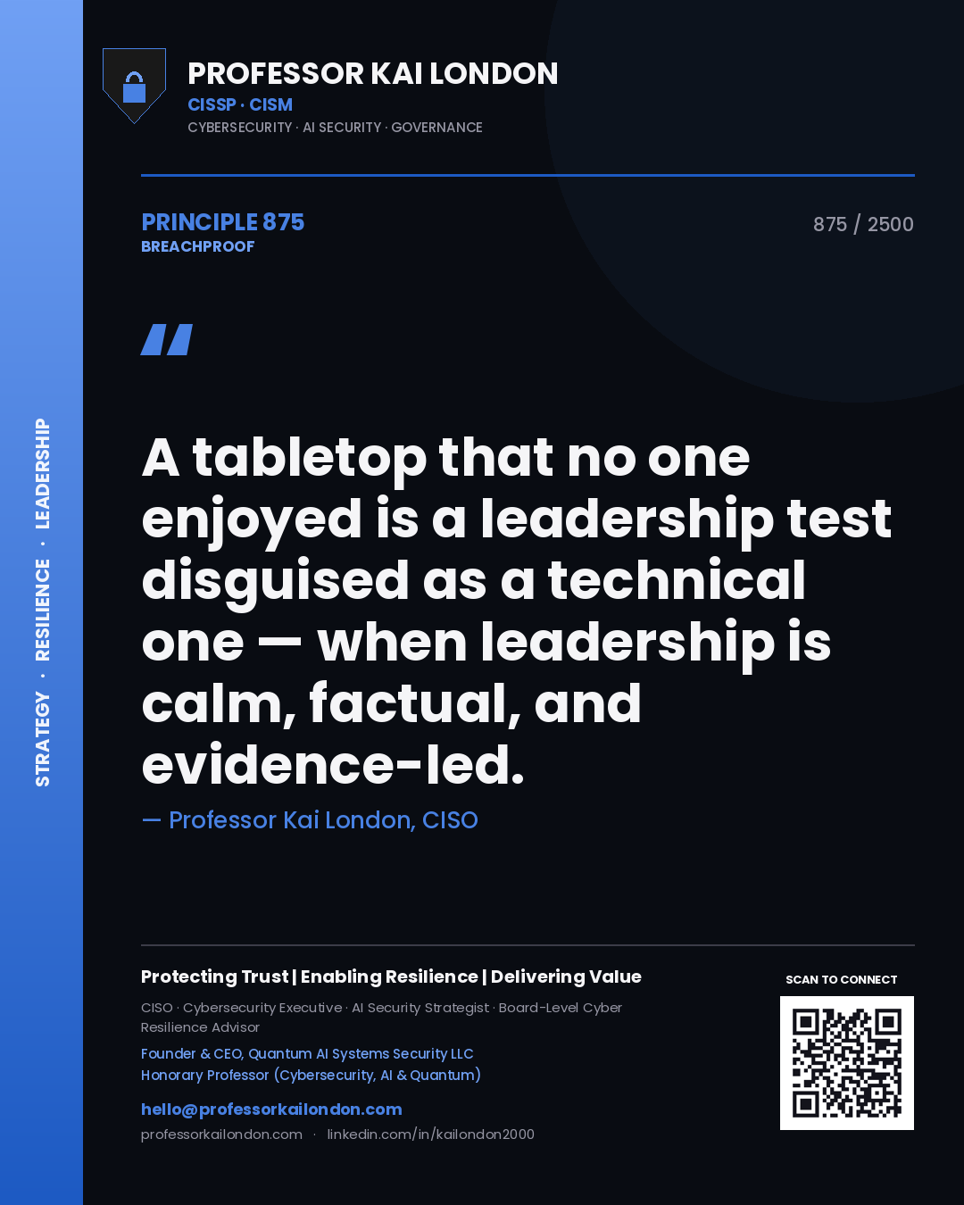 Quote card by Professor Kai London reading 'A tabletop that no one enjoyed is a leadership test disguised as a technical one — when leadership is calm, factual, and evidence-led.'. From the book Breachproof.