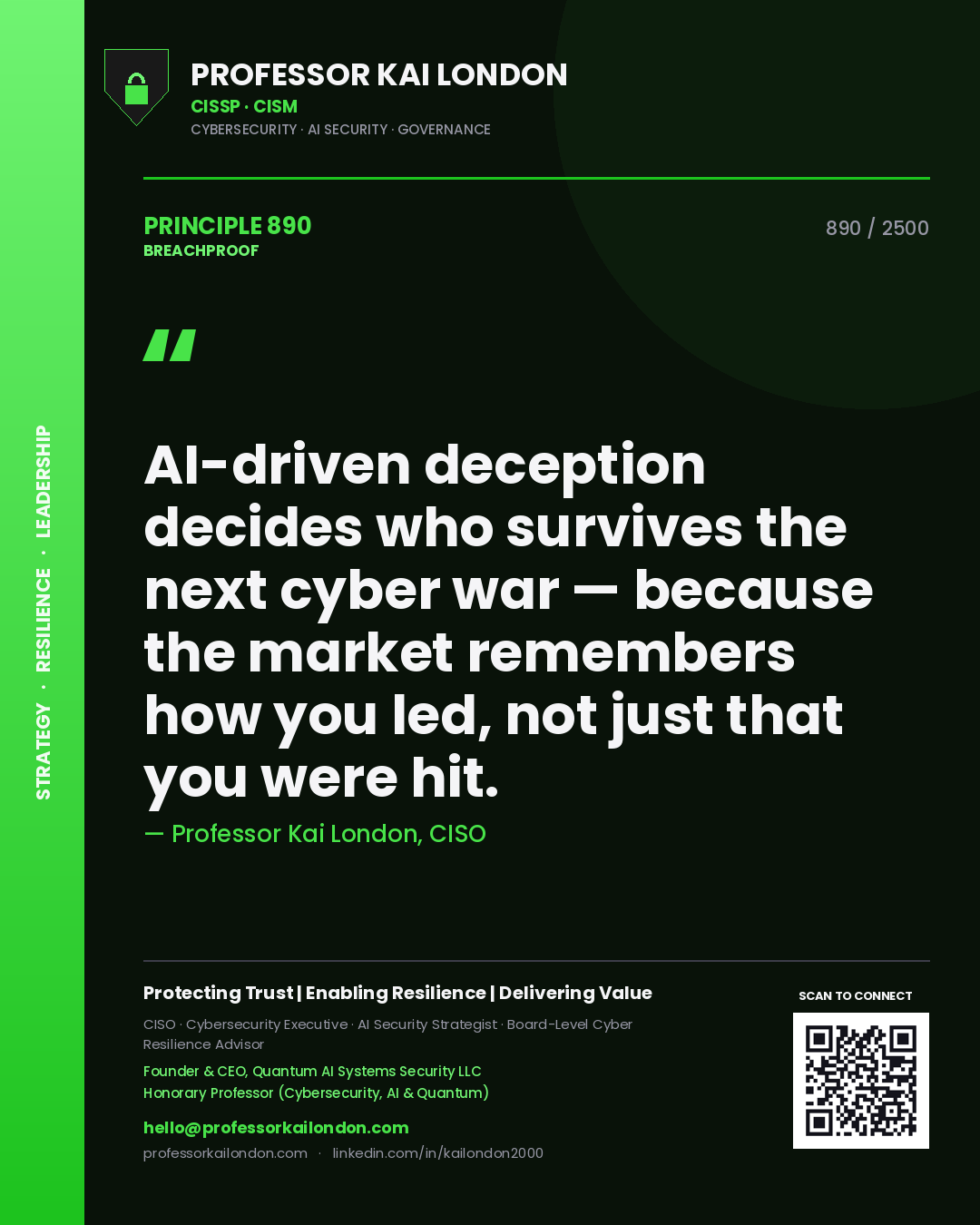 Professor Kai London principle 890: AI-driven deception decides who survives the next cyber war — because the market remembers how you led, not just that you were hit.