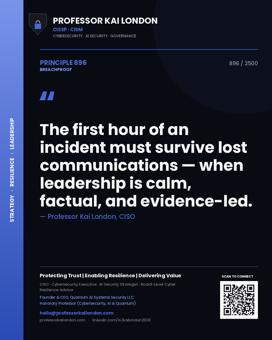 Professor Kai London principle 896: The first hour of an incident must survive lost communications — when leadership is calm, factual, and evidence-led.