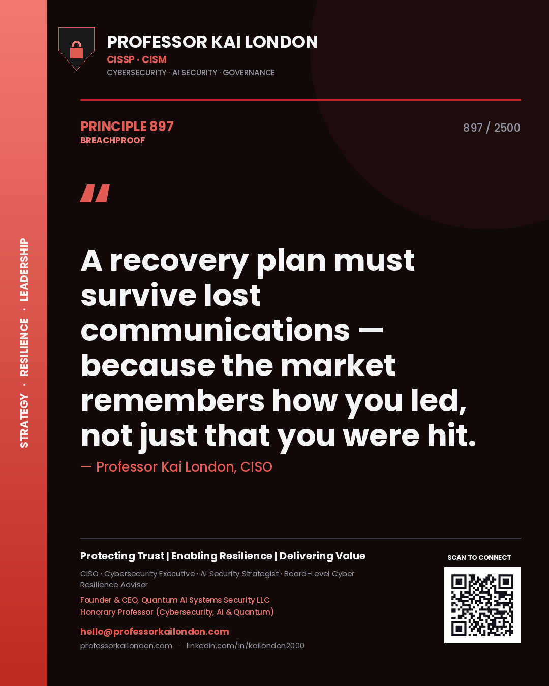 Professor Kai London principle 897: A recovery plan must survive lost communications — because the market remembers how you led, not just that you were hit.