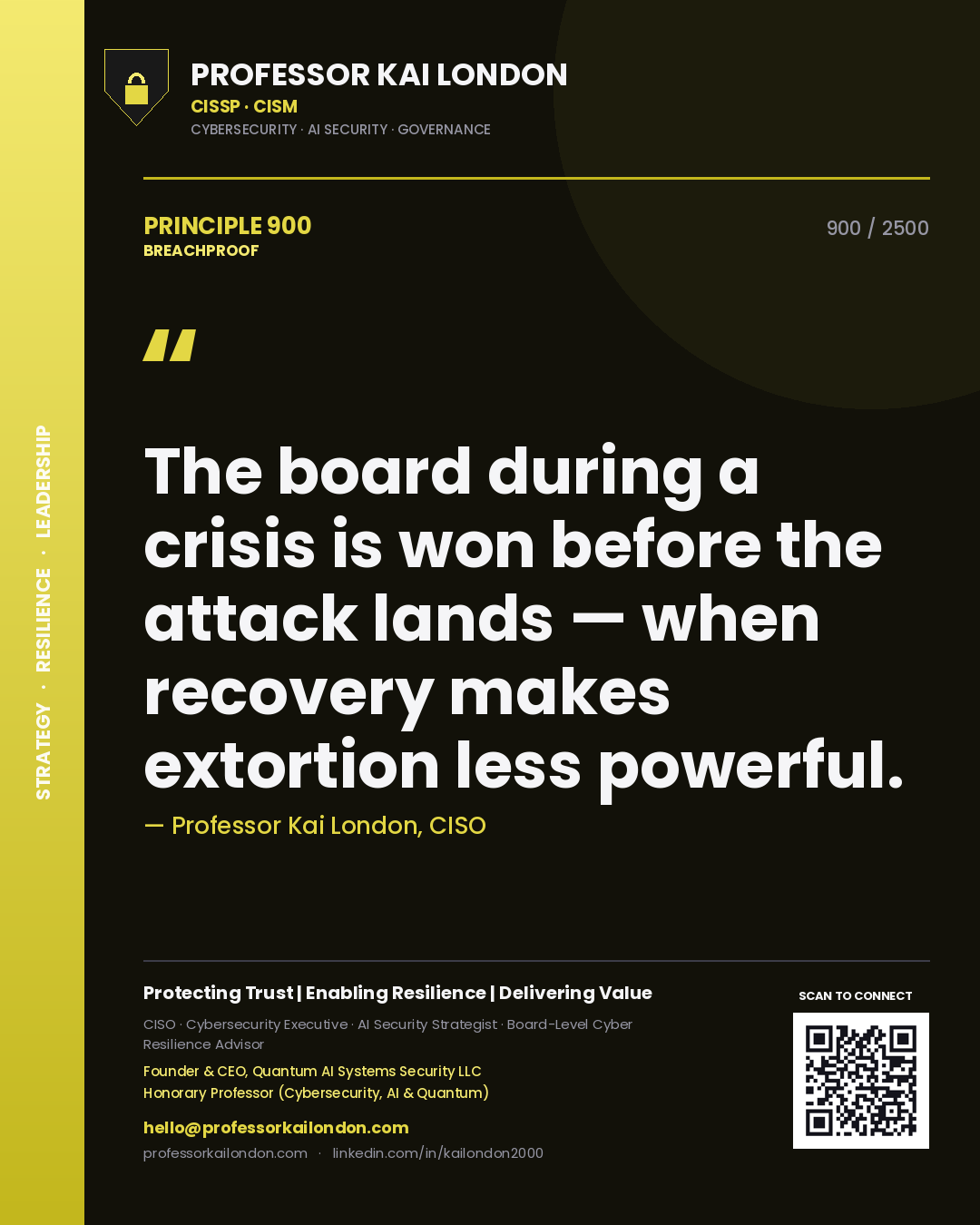Professor Kai London principle 900: The board during a crisis is won before the attack lands — when recovery makes extortion less powerful.