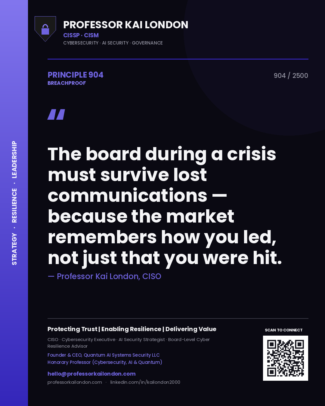 Professor Kai London principle 904: The board during a crisis must survive lost communications — because the market remembers how you led, not just that you were hit.
