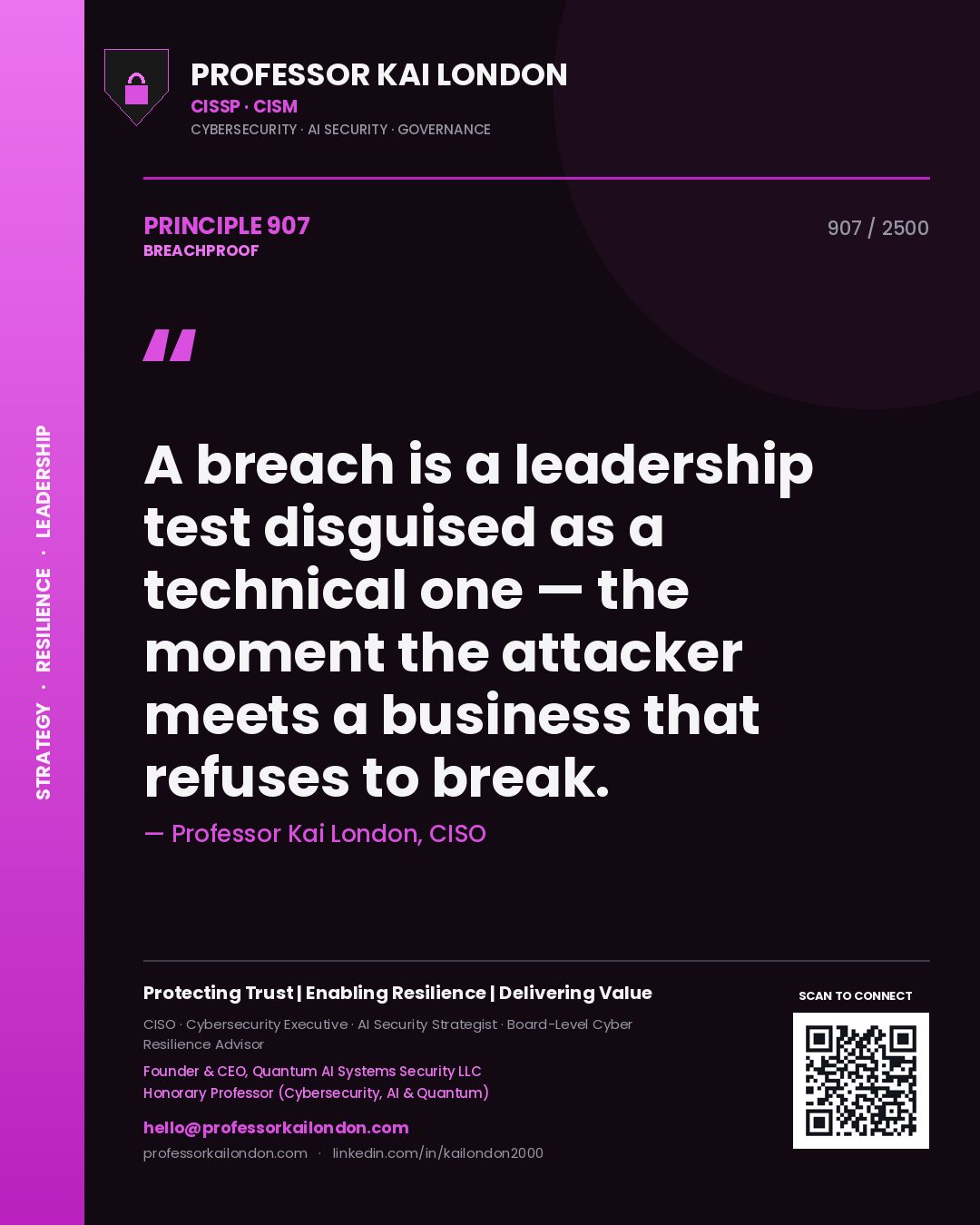 Quote card by Professor Kai London reading 'A breach is a leadership test disguised as a technical one — the moment the attacker meets a business that refuses to break.'. From the book Breachproof.