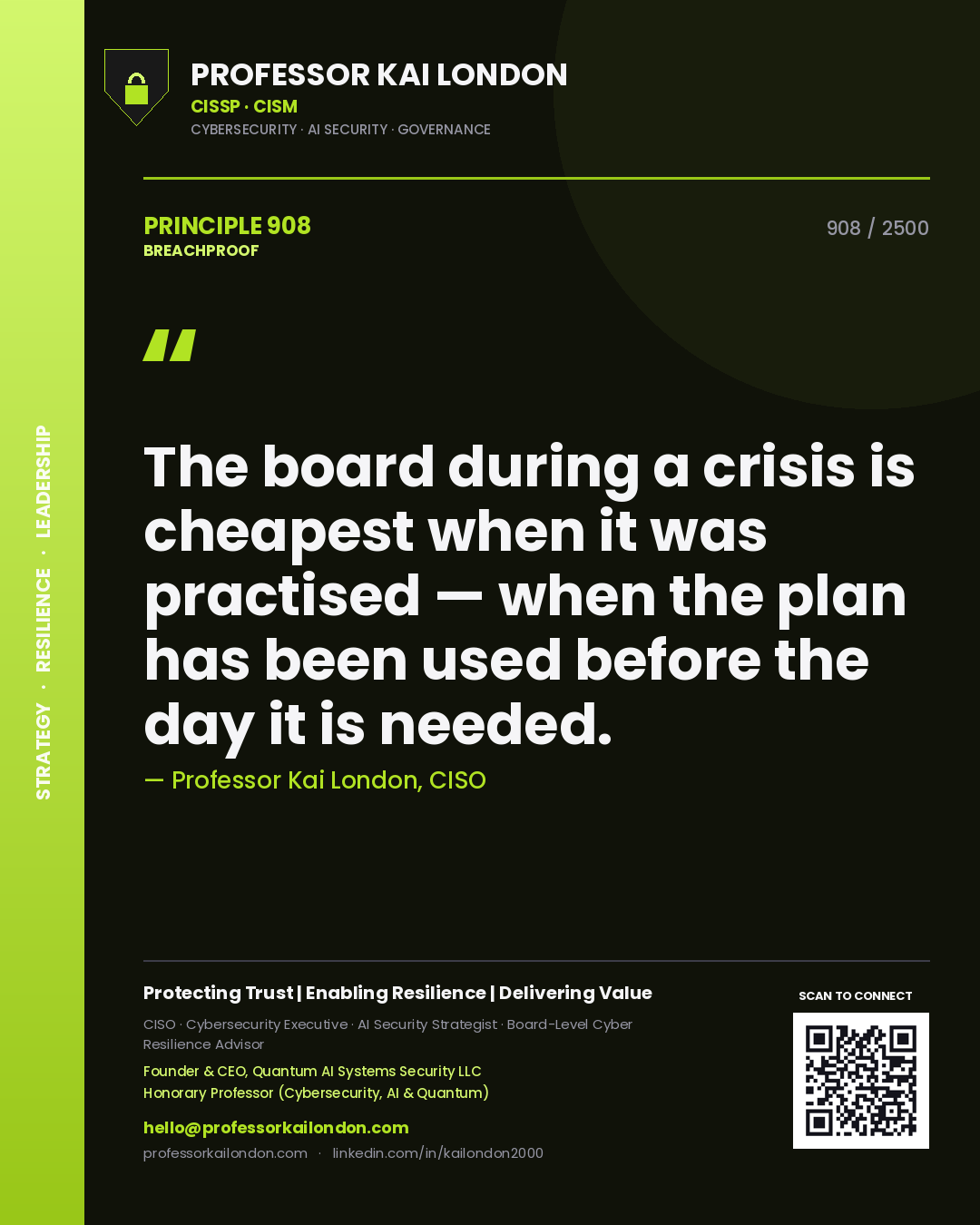 Quote card by Professor Kai London reading 'The board during a crisis is cheapest when it was practised — when the plan has been used before the day it is needed.'. From the book Breachproof.