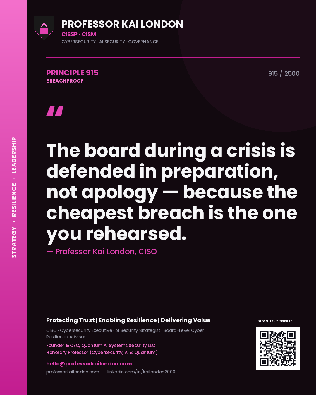 Professor Kai London principle 915: The board during a crisis is defended in preparation, not apology — because the cheapest breach is the one you rehearsed.
