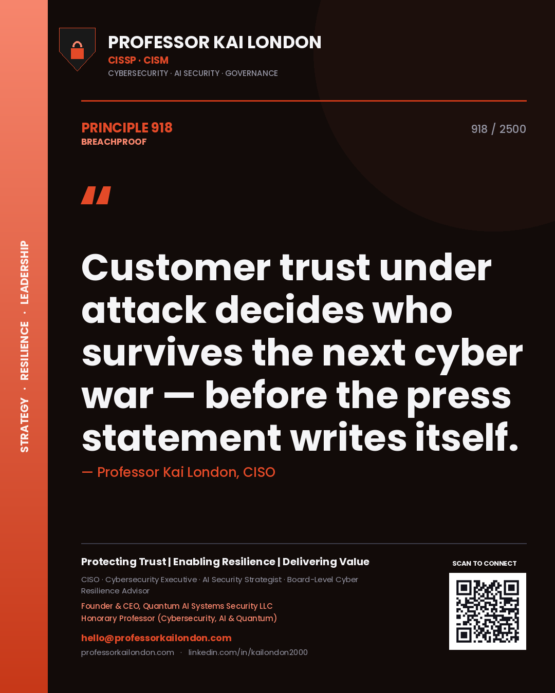 Quote card by Professor Kai London reading 'Customer trust under attack decides who survives the next cyber war — before the press statement writes itself.'. From the book Breachproof.