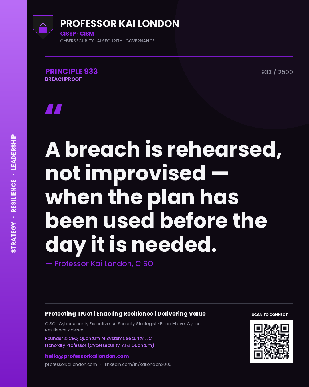 Quote card by Professor Kai London reading 'A breach is rehearsed, not improvised — when the plan has been used before the day it is needed.'. From the book Breachproof.